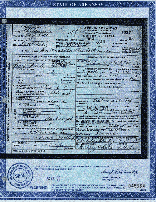 Priscilla Lanier's Death Certificate